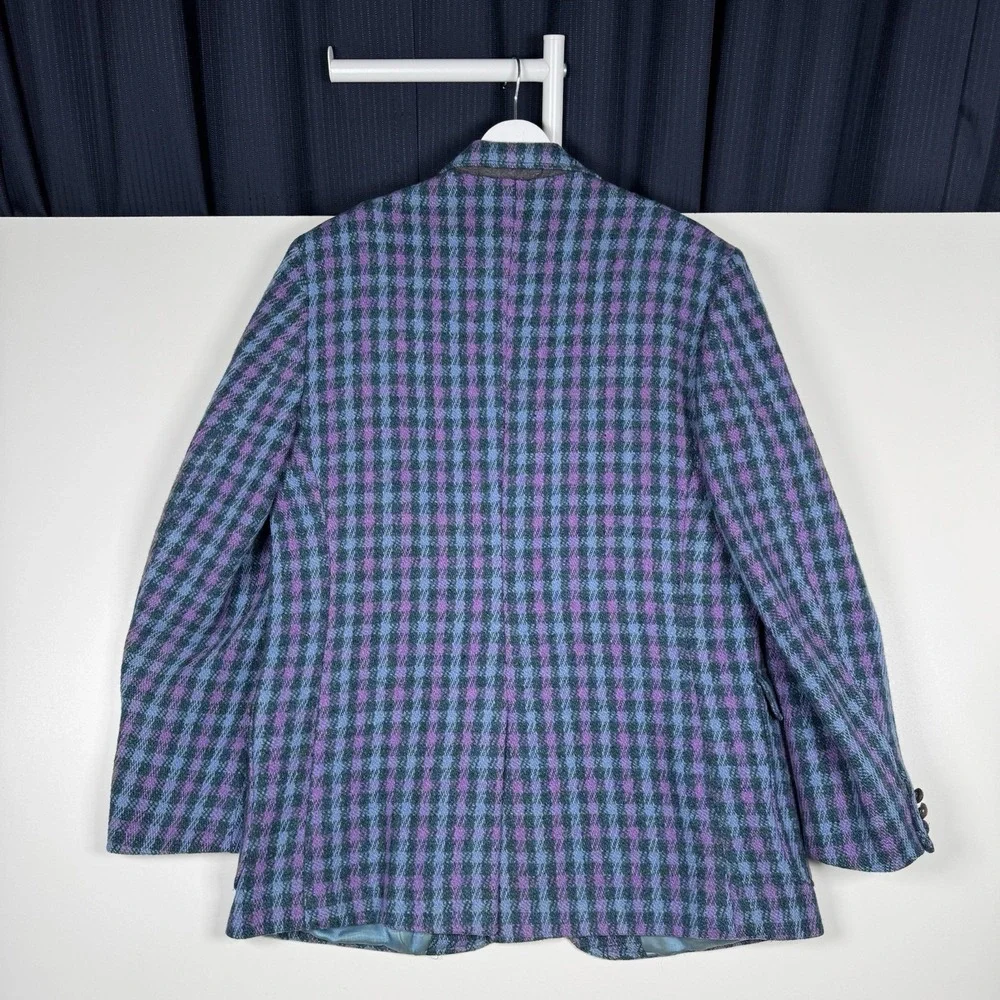 Vintage 80s ALEXANDRE Harris Tweed Wool Blazer Plaid Blue Purple - Fitted Large